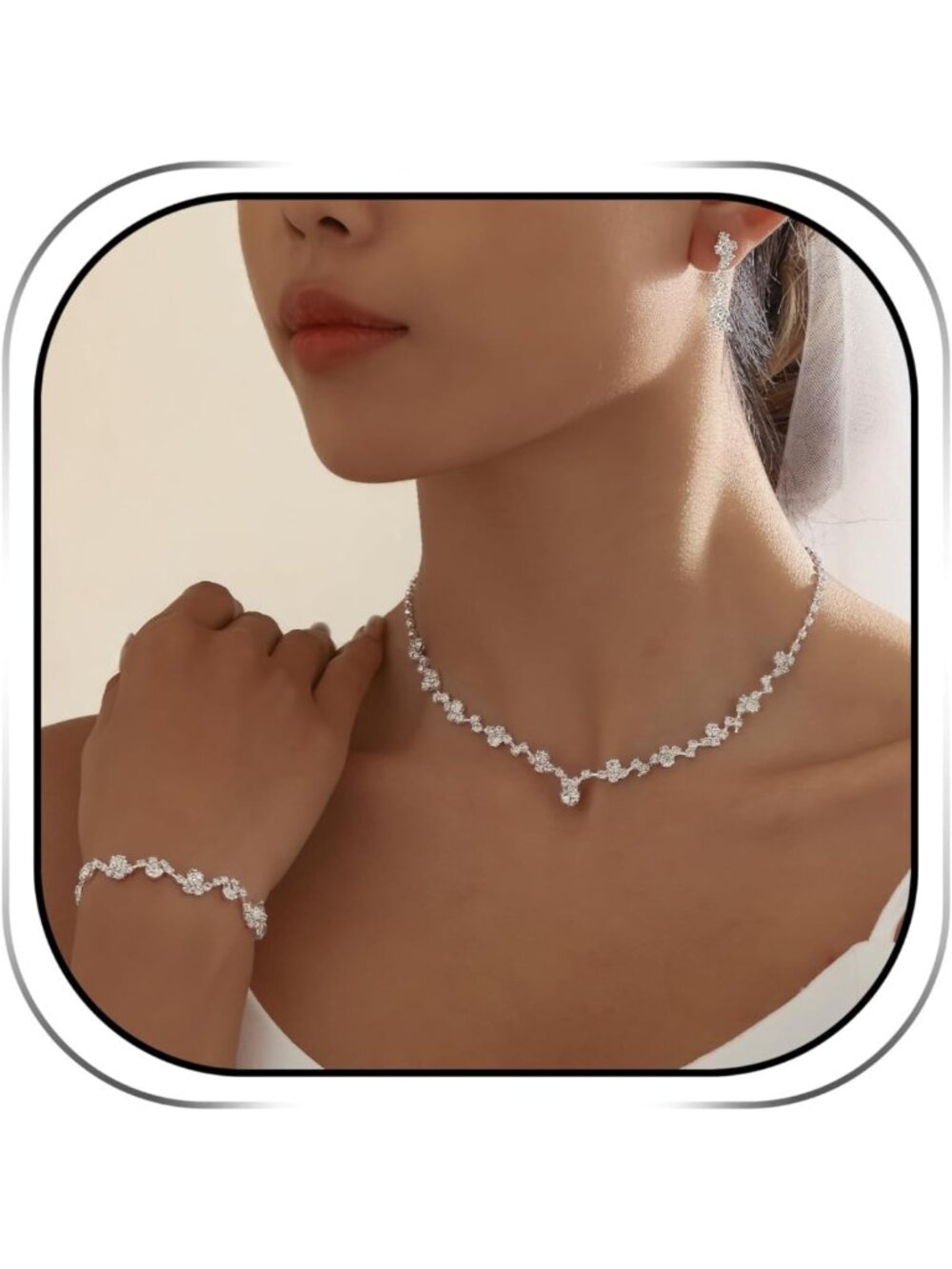 Elegant Silver Jewelry Set for Women - Rhinestone Necklace, Dangle Earrings